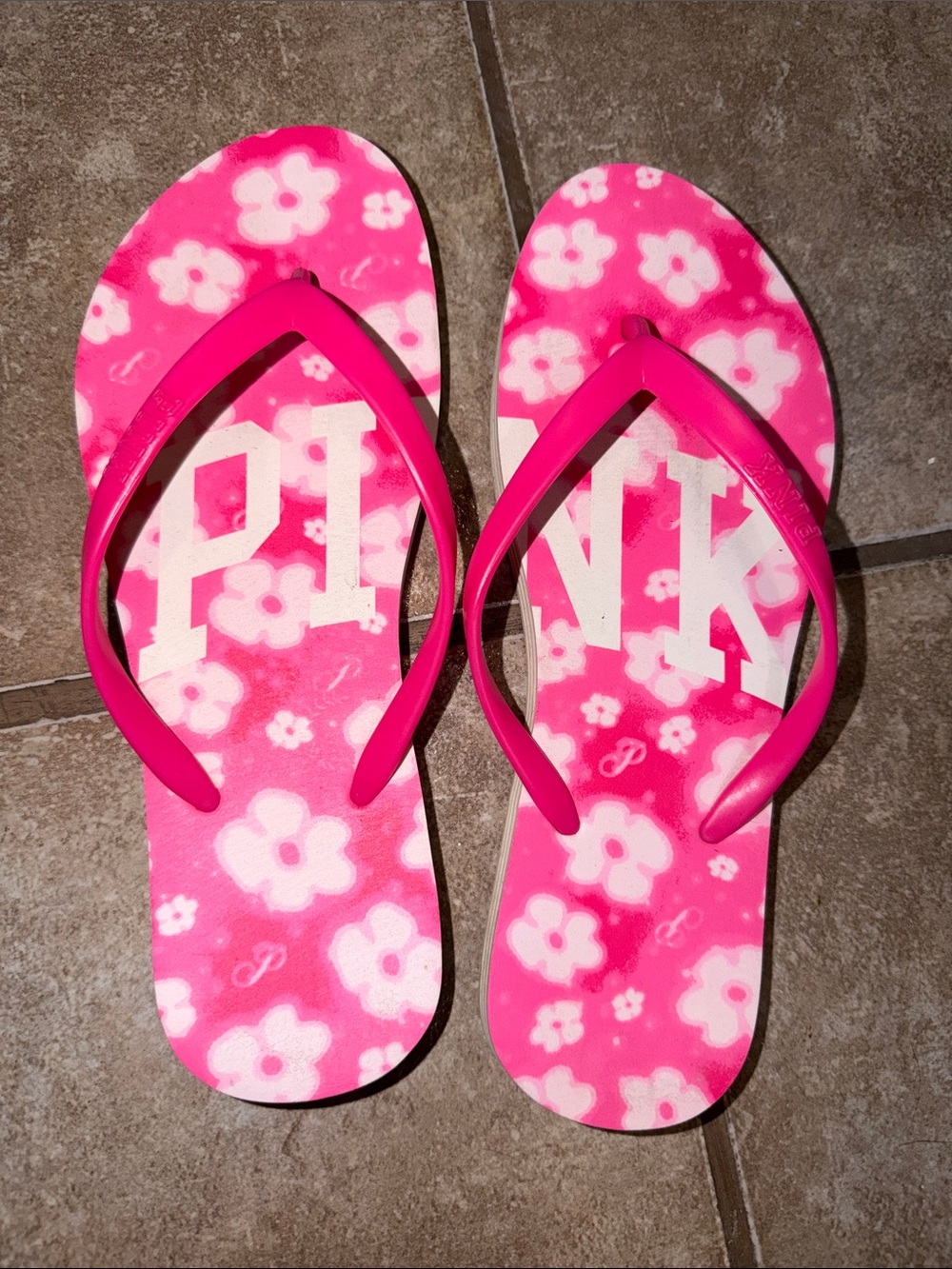 PINK Victoria's Secret Hot Pink Floral Logo Flip Flops
